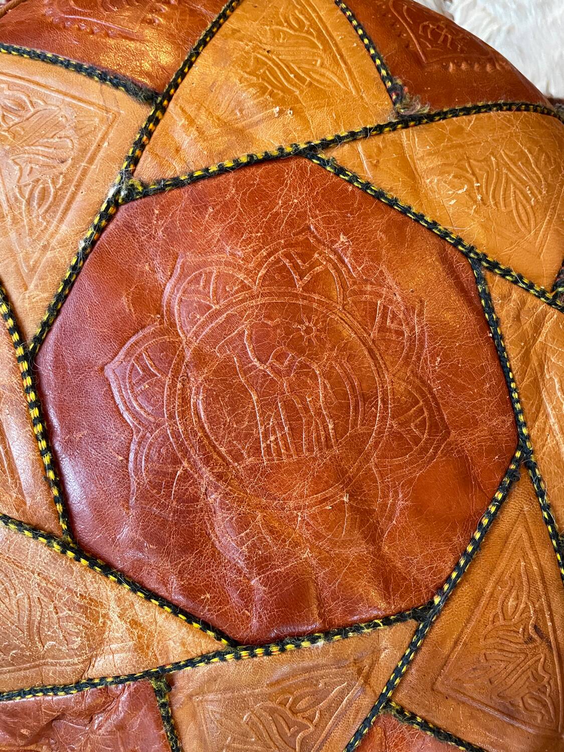 Vintage Berber leather pouf