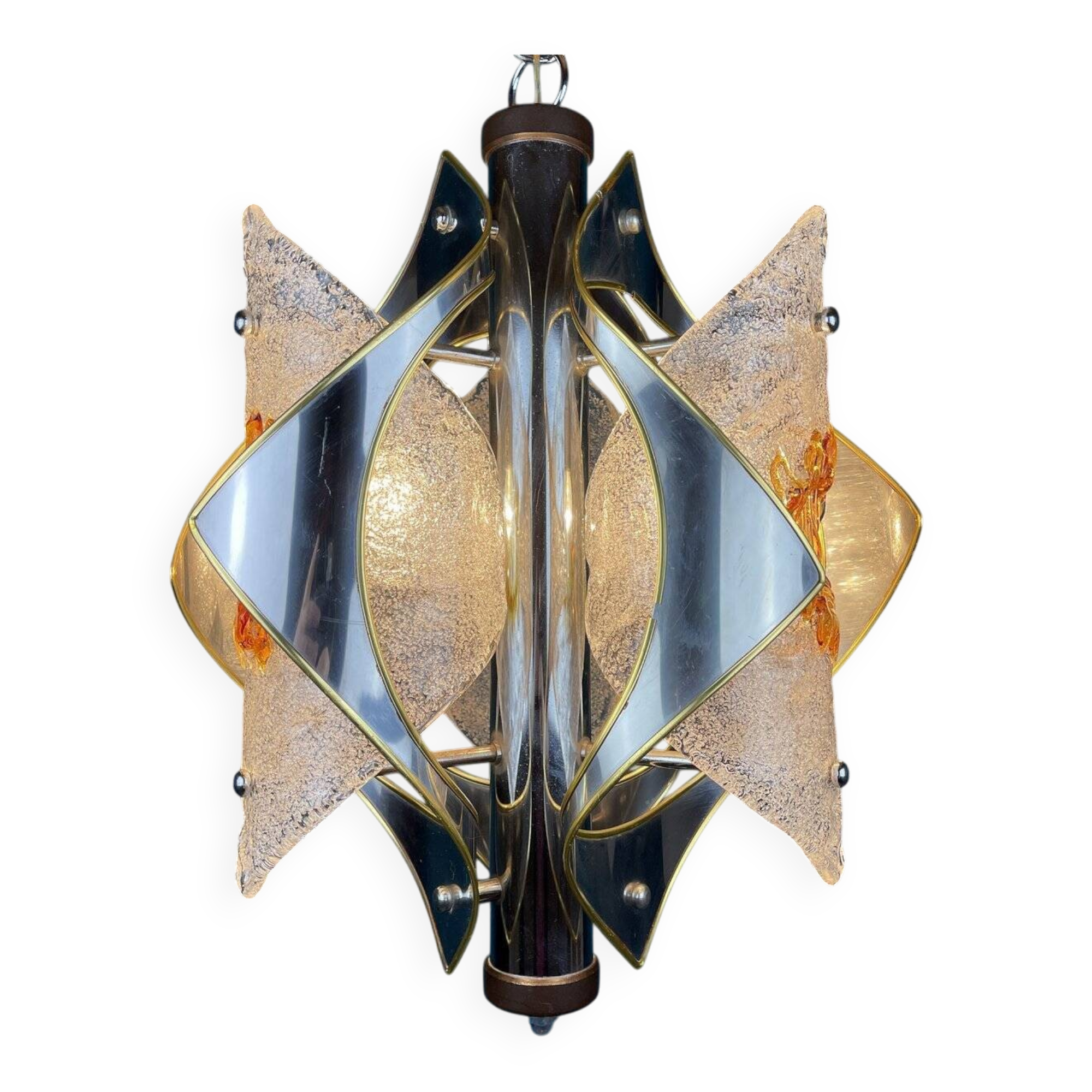 Amber chrome chandelier Murano mid-century by Toni Zuccheri for Mazzega, Italy, 1970s.