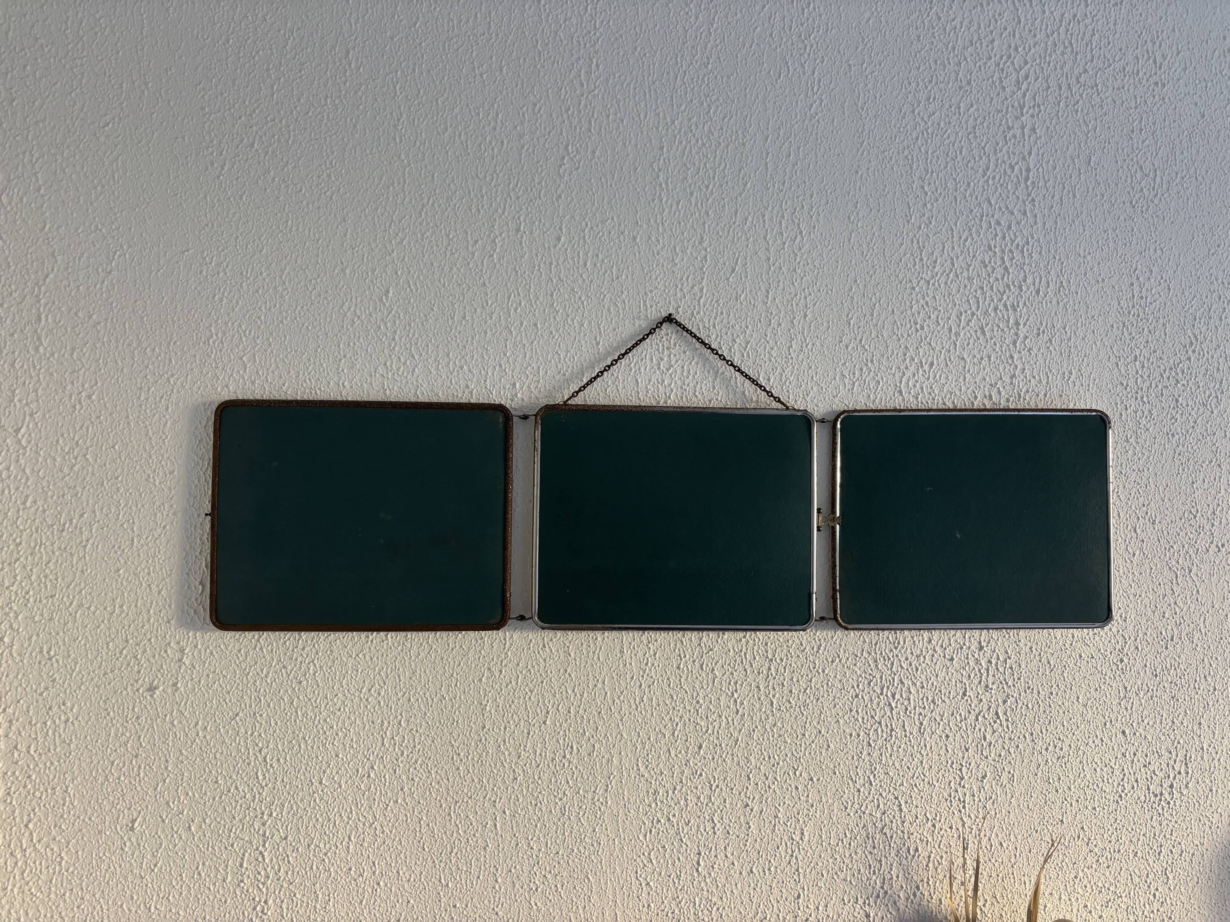 Vintage 1950s triptych barber mirror in duck blue - 22 x 86 cm