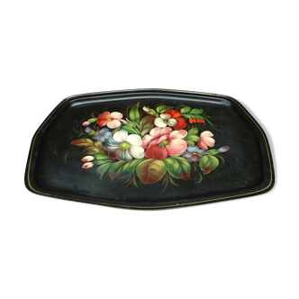 Large metal Russia black metal tray  flowers painted hand lacquered 1970 - origin: Jostovo