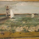 Tableau ancien avec son encadrement, signé jcc,  scène portuaire avec phare