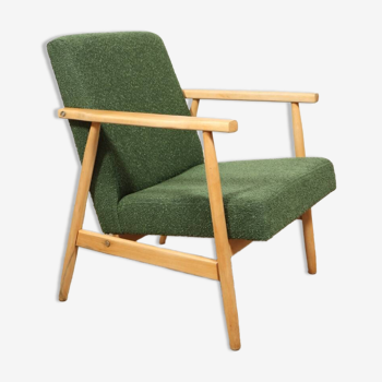 Fauteuil vintage bouclé vert forêt bois naturel design scandinave 1970 milieu de siècle chaise de salon / patio