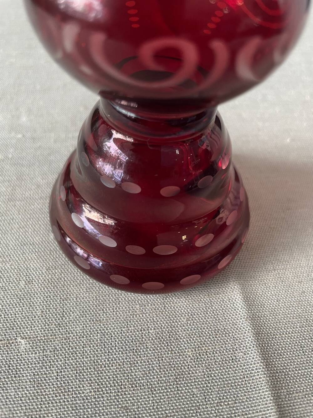 Bohemian glass vase ruby red with transparent decoration in pink and red table decoration