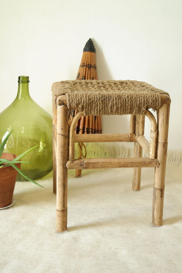 Tabouret bambou et corde artisanal vintage