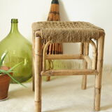 Tabouret bambou et corde artisanal vintage