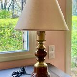 Table lamp with wooden and brass base + lampshade - Height 68 cm