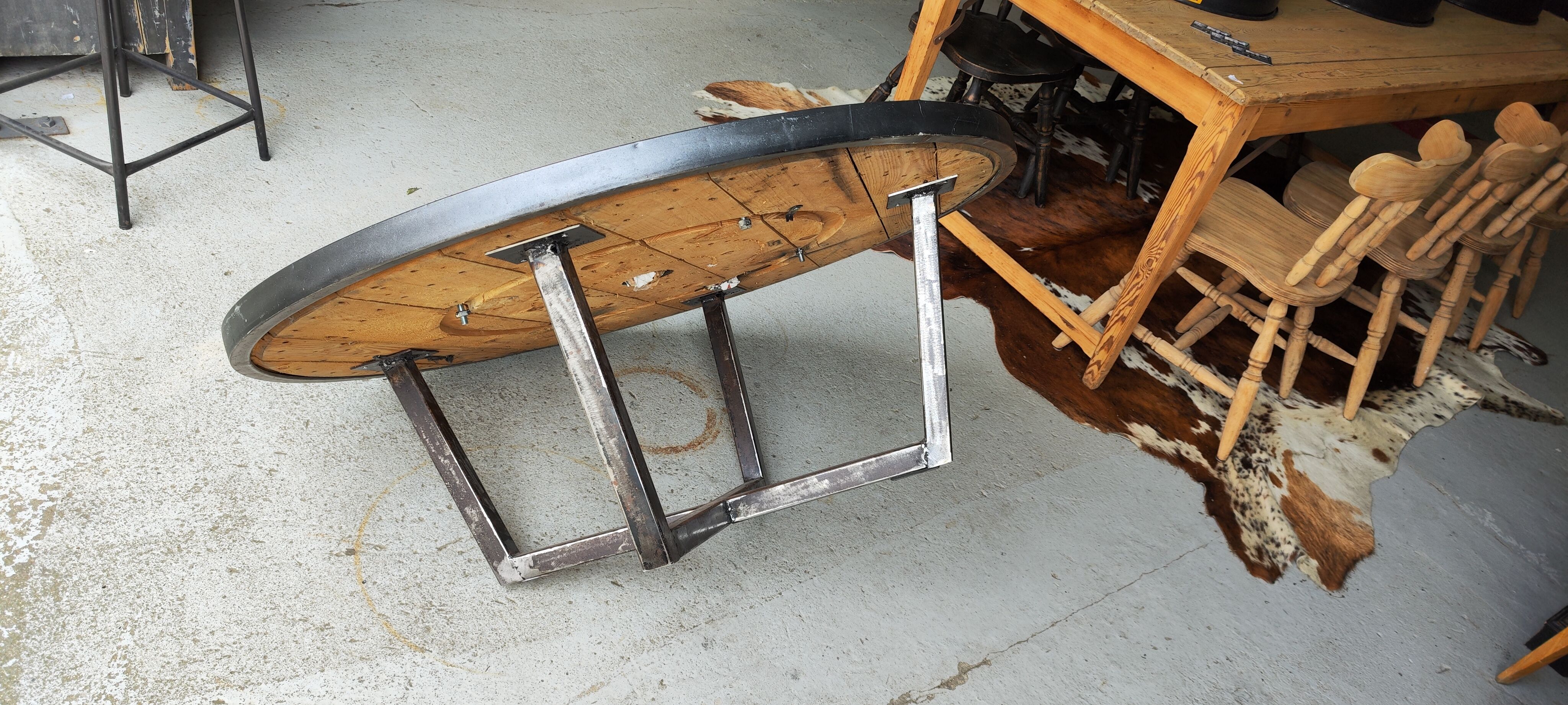 Large industrial coffee table metal and wood drum