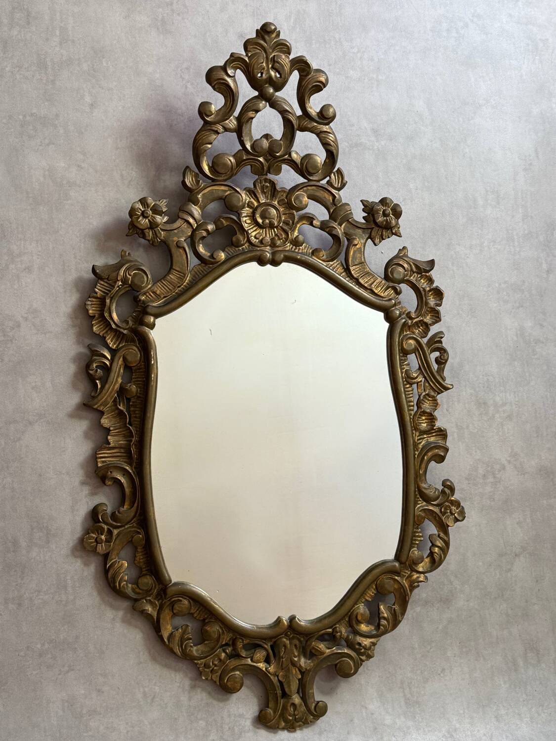 Golden wooden mirror in Baroque style from the 1950s, France.