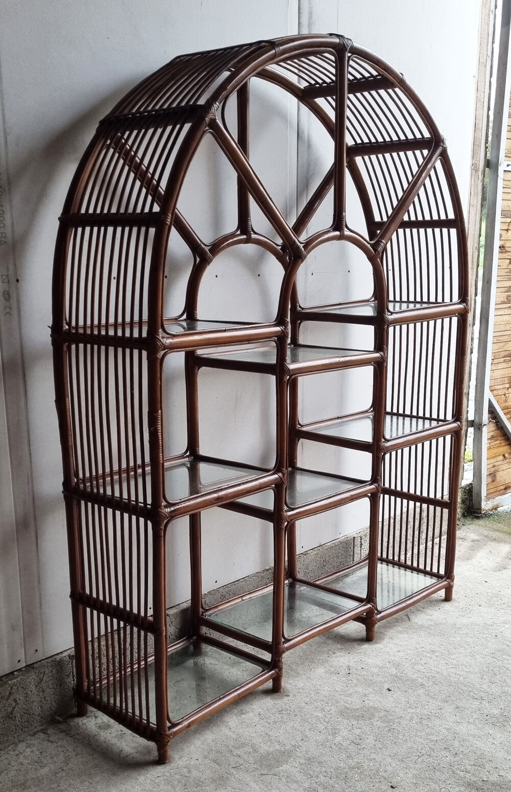 Bamboo rattan and glass shelf pier import 80s