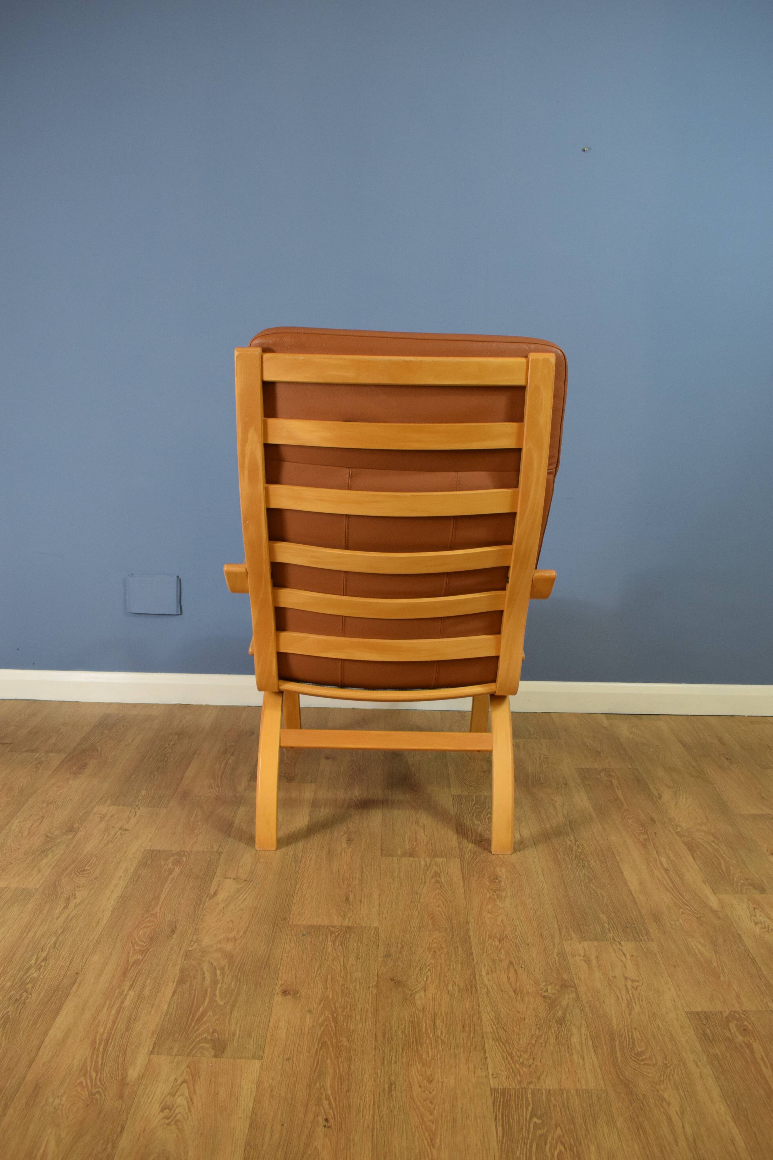 Pair of mid century retro vintage danish tan leather lounge armchair  1970s