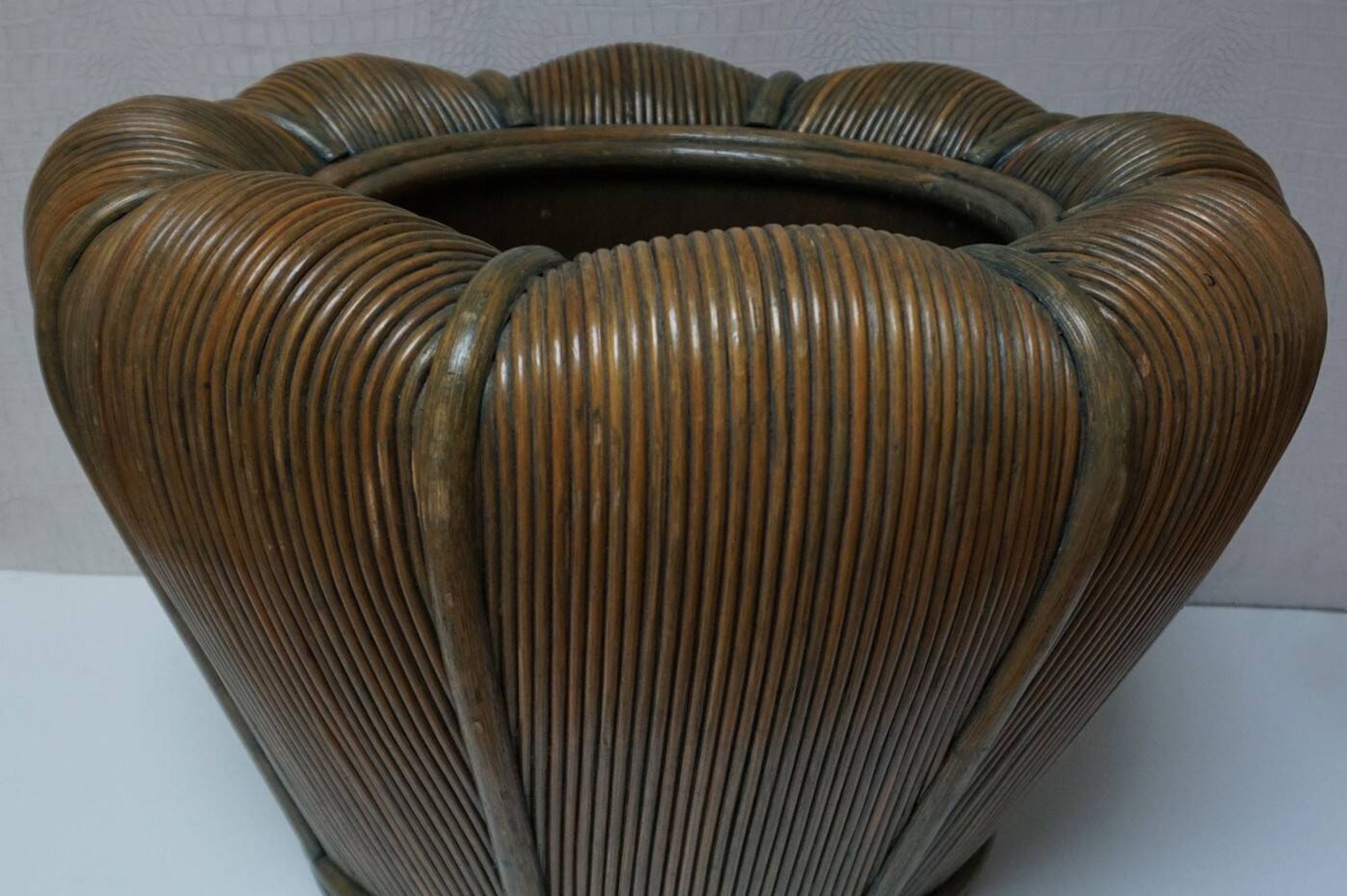 Large Mid-Century Modern Rattan Bamboo Cachepot Plant Holder, 1970s