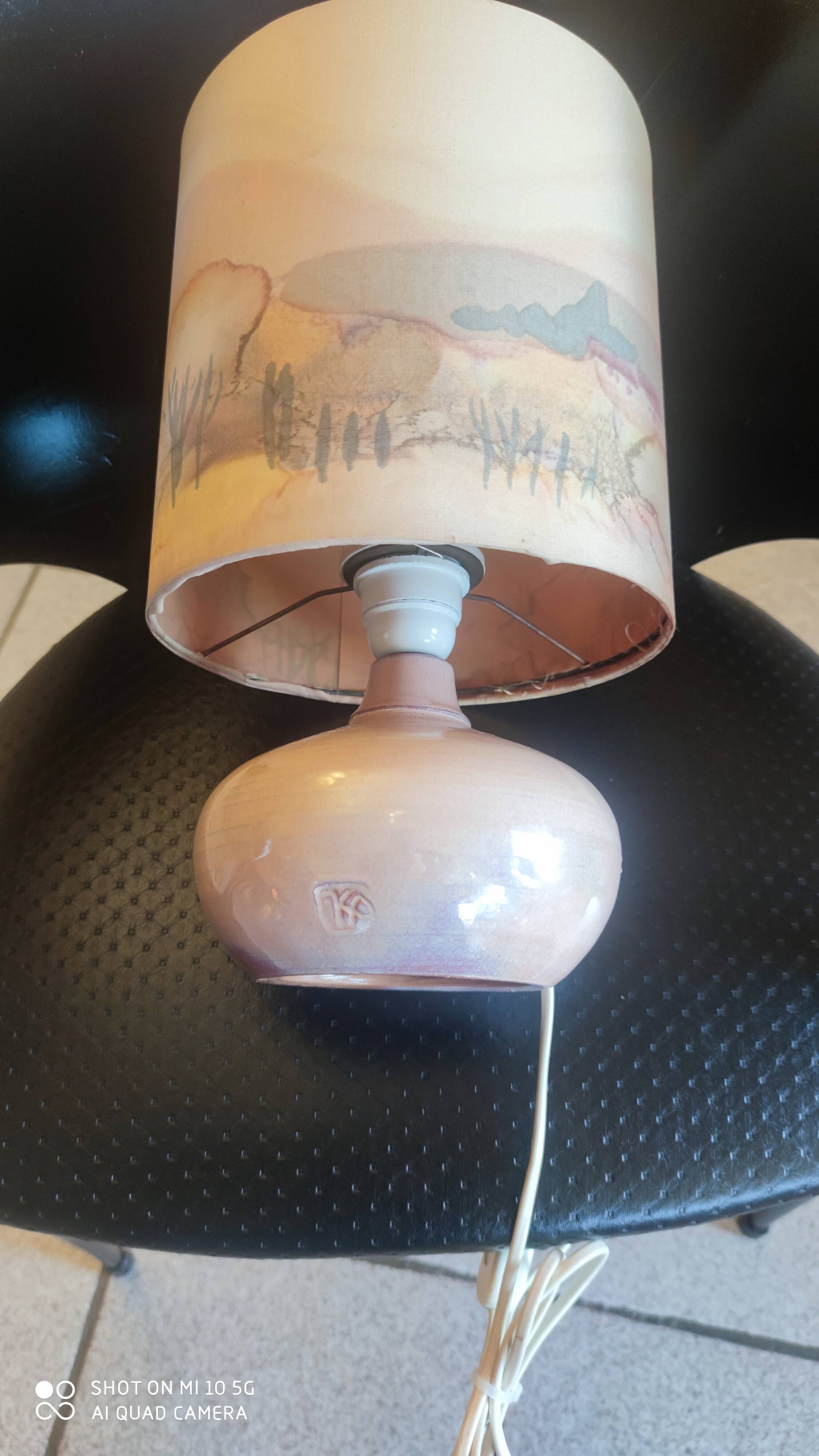 Ceramic lamp and its painted silk lampshade, circa 1970