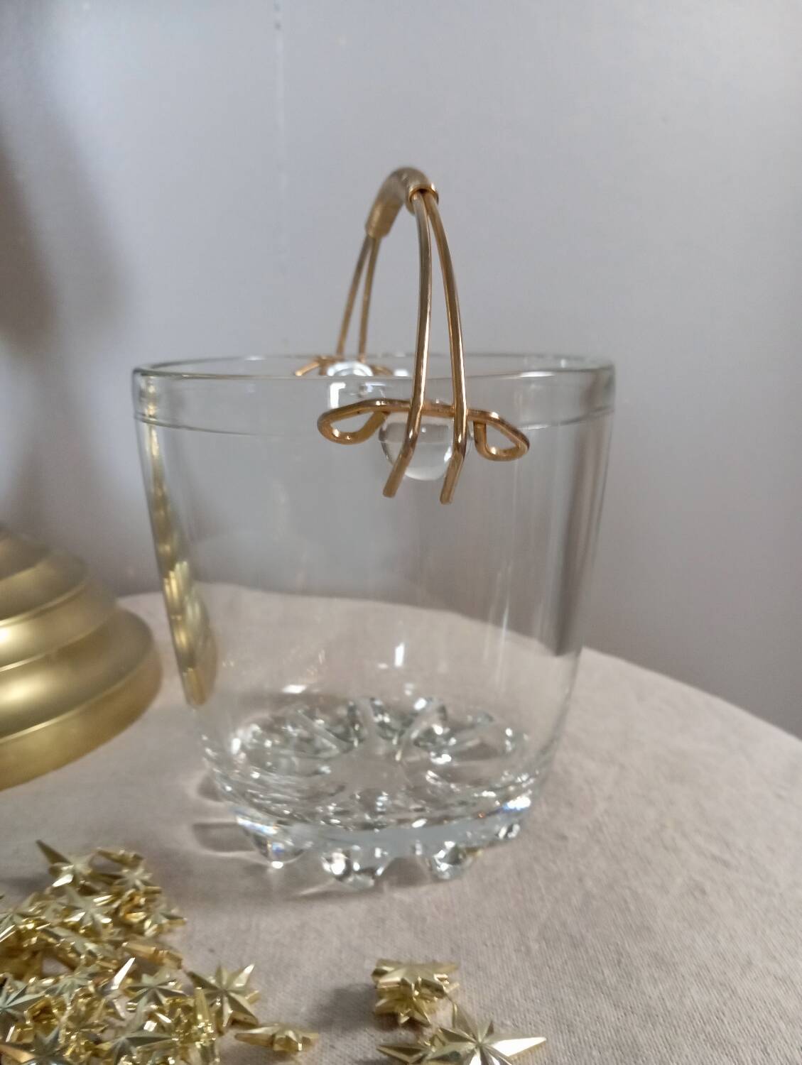 Seau à glaçons en verre, anse doré, vintage 1960