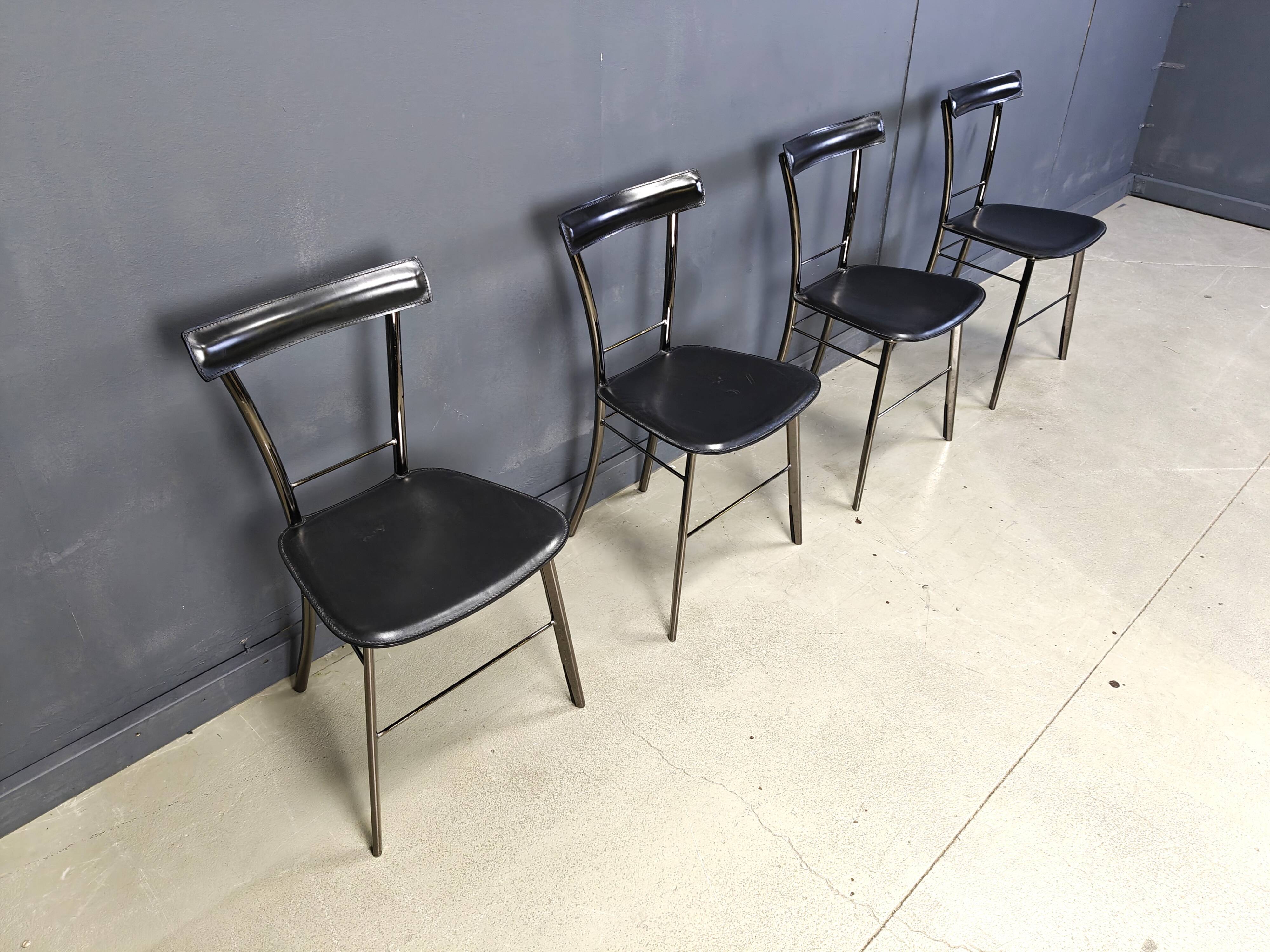 Vintage black leather dining chairs by Arrben Italy, 1980s - set of 4