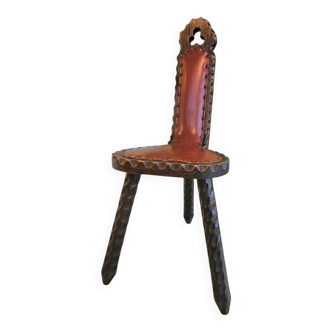 Chaise trépied / tabouret en bois brutaliste espagnol vintage