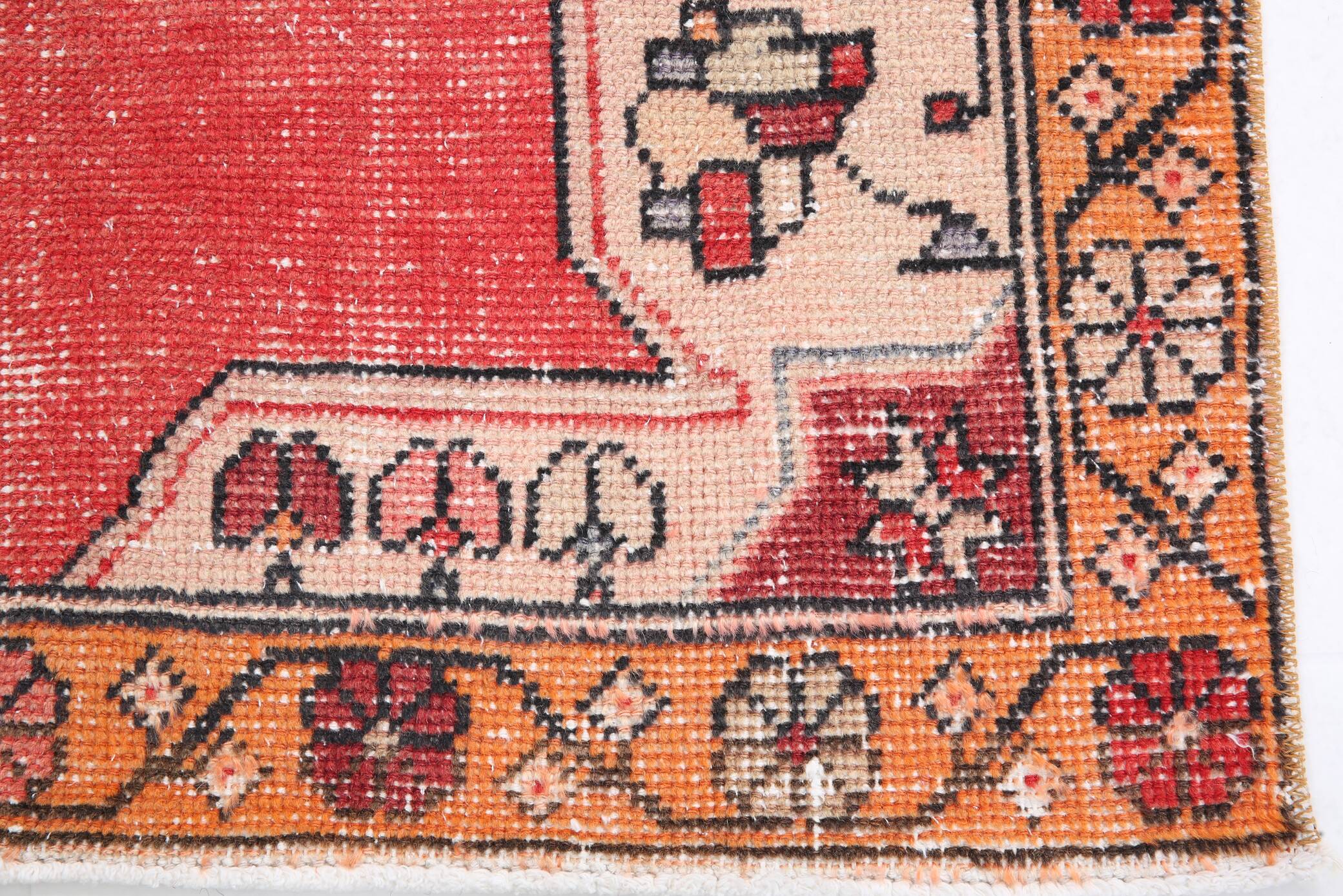 Antique Red Tan Beige Turkish Vintage Rug, 130x247Cm