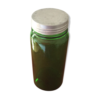 Old green glass jar original aluminum lid to screw