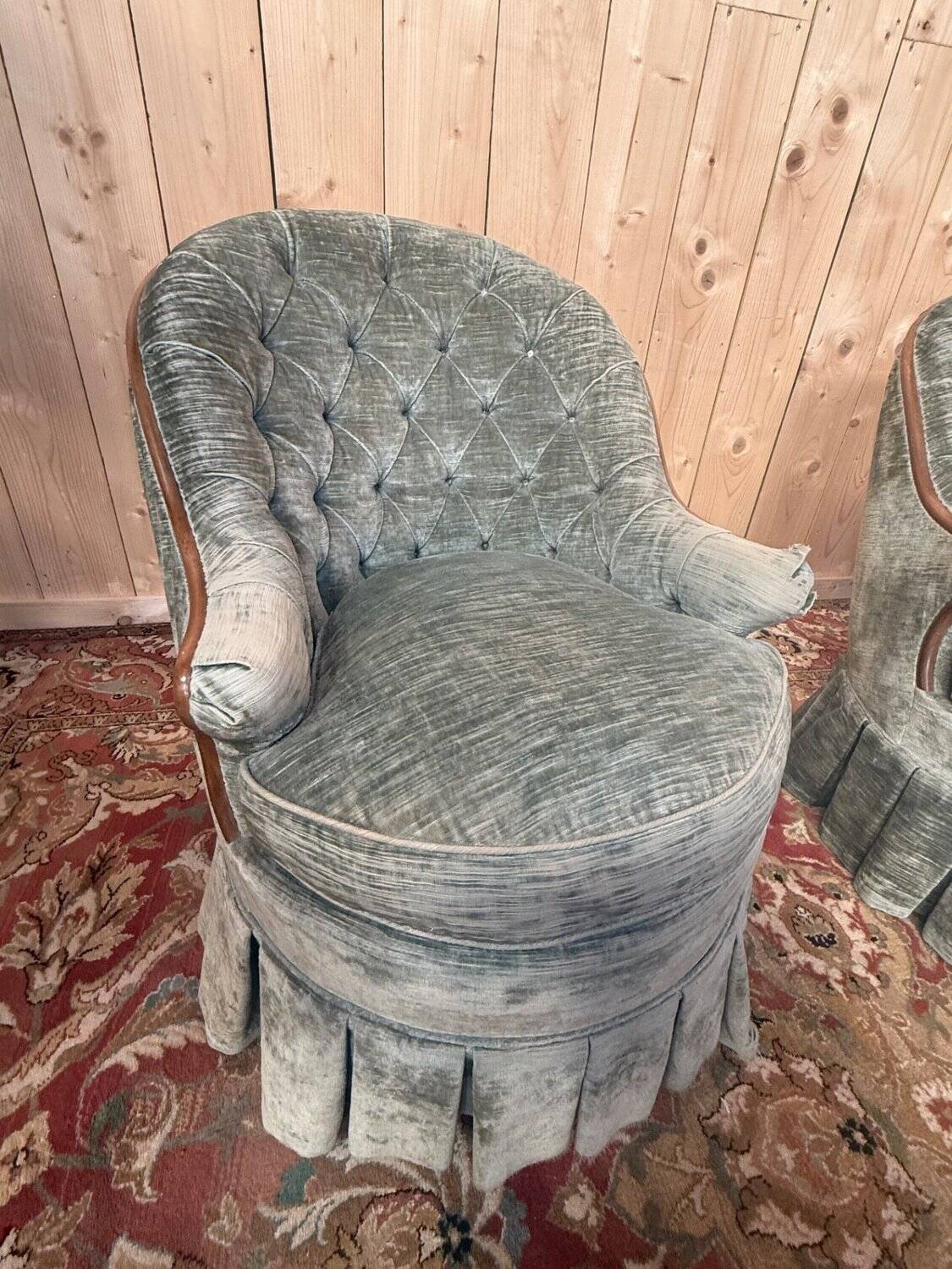 Pair of Napoleon III frog armchairs in grey-blue velvet