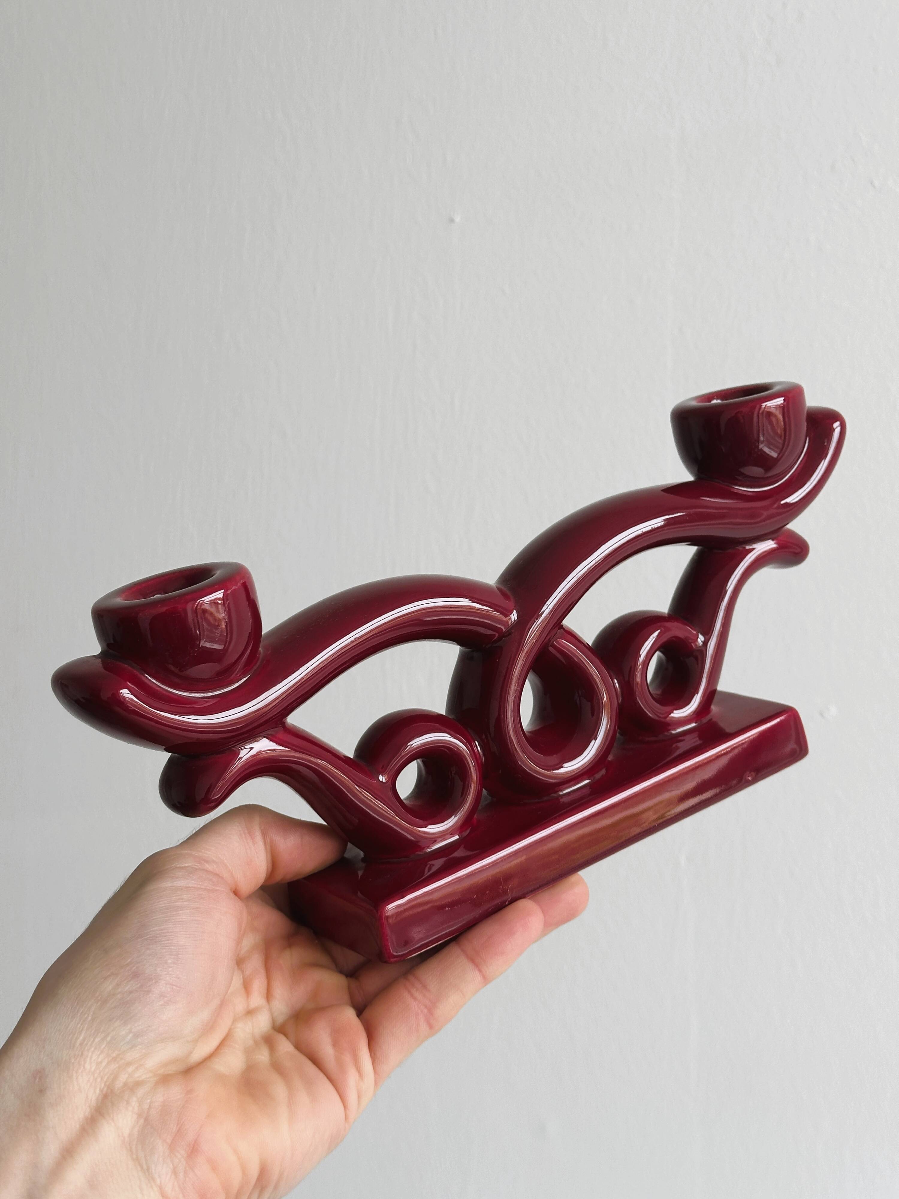 Vintage burgundy red ceramic candlestick