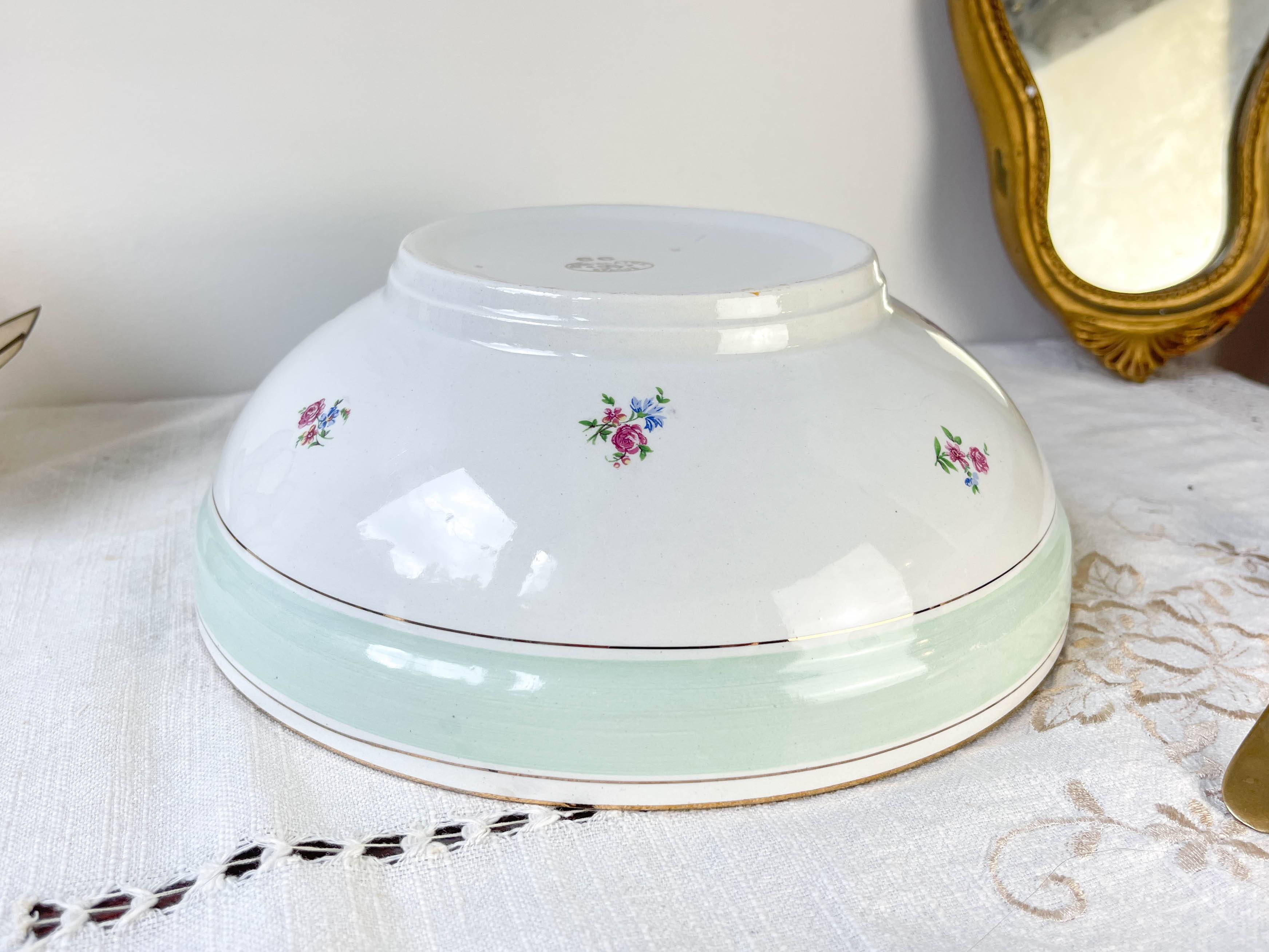 Vintage white and green floral porcelain salad bowl SALINS 66 from the 1950s