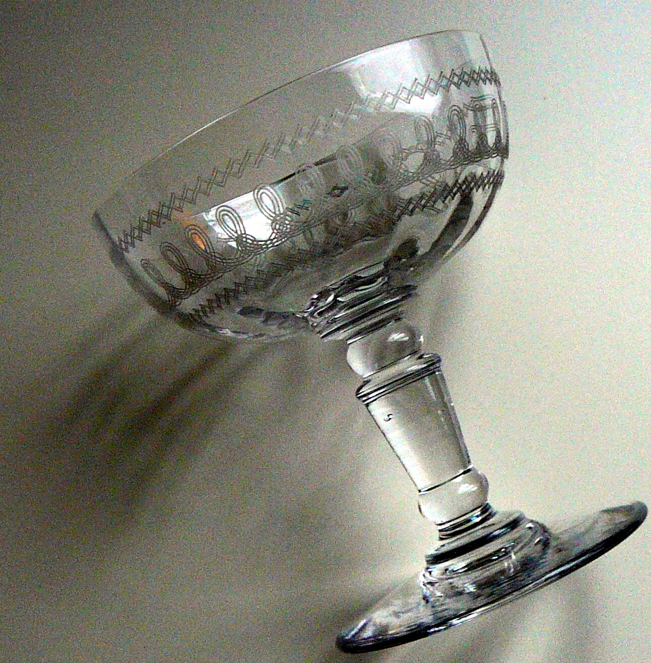 8 Antique Engraved Crystal Champagne Glasses 250517