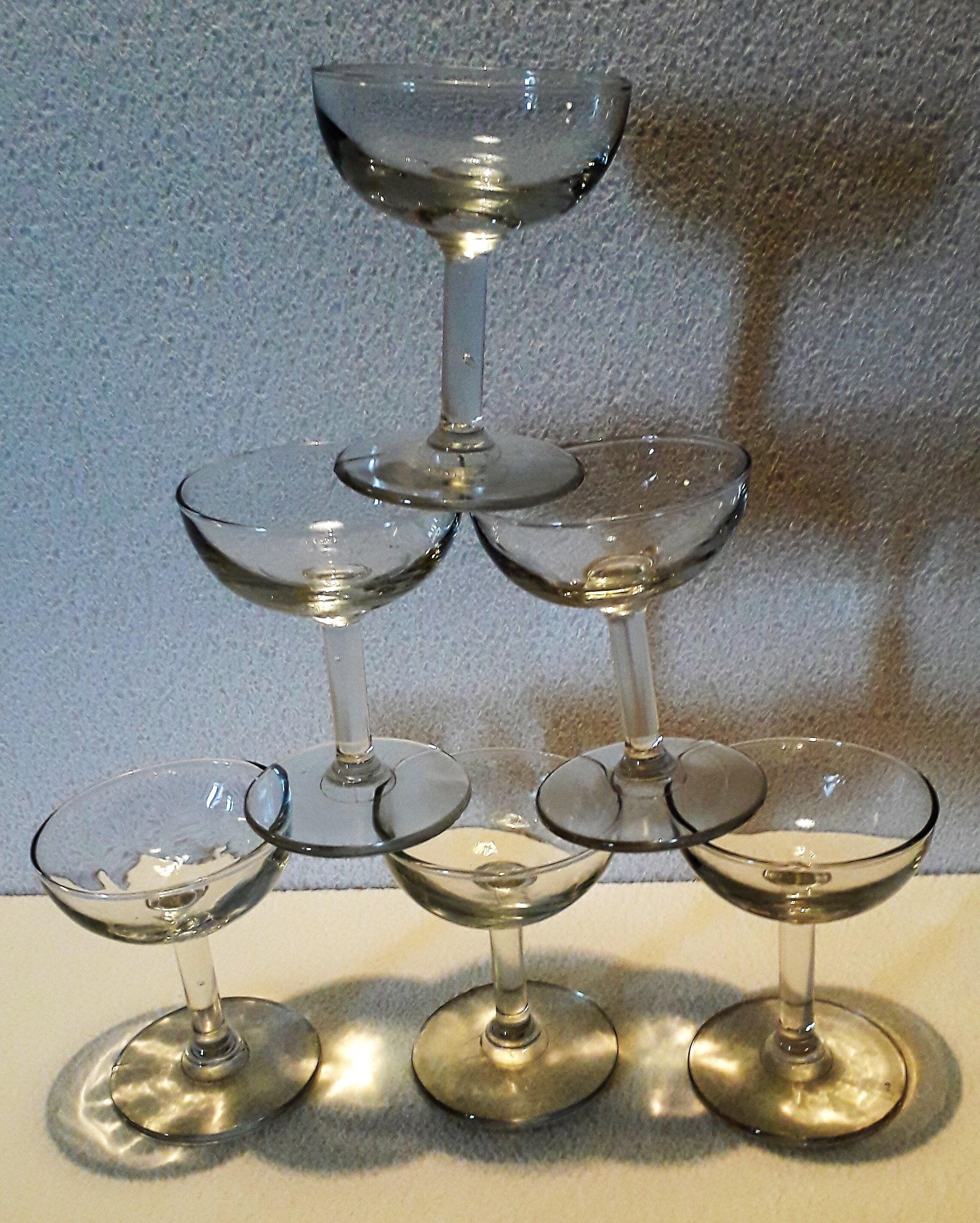 Six old blown glass champagne cups