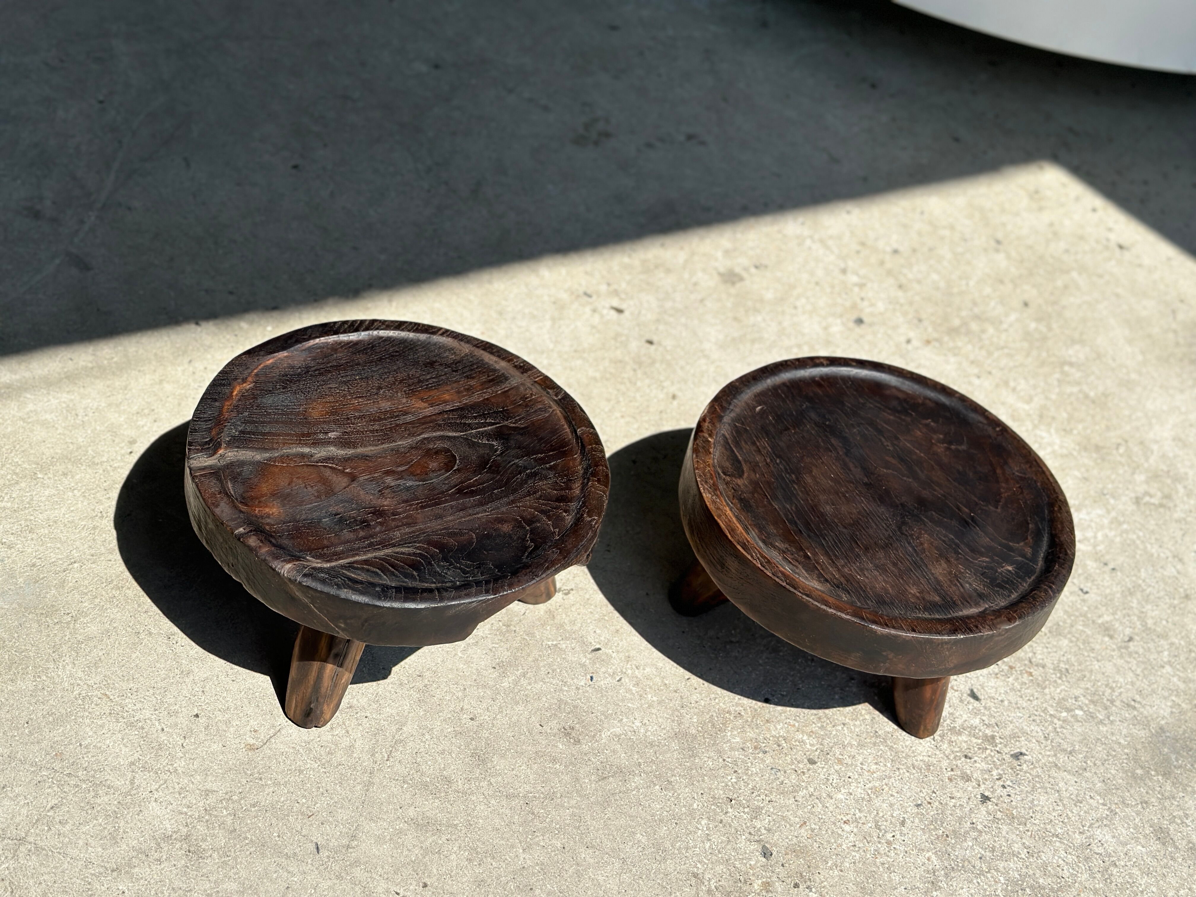 Small tripod stool low in dark brown upcycled teak