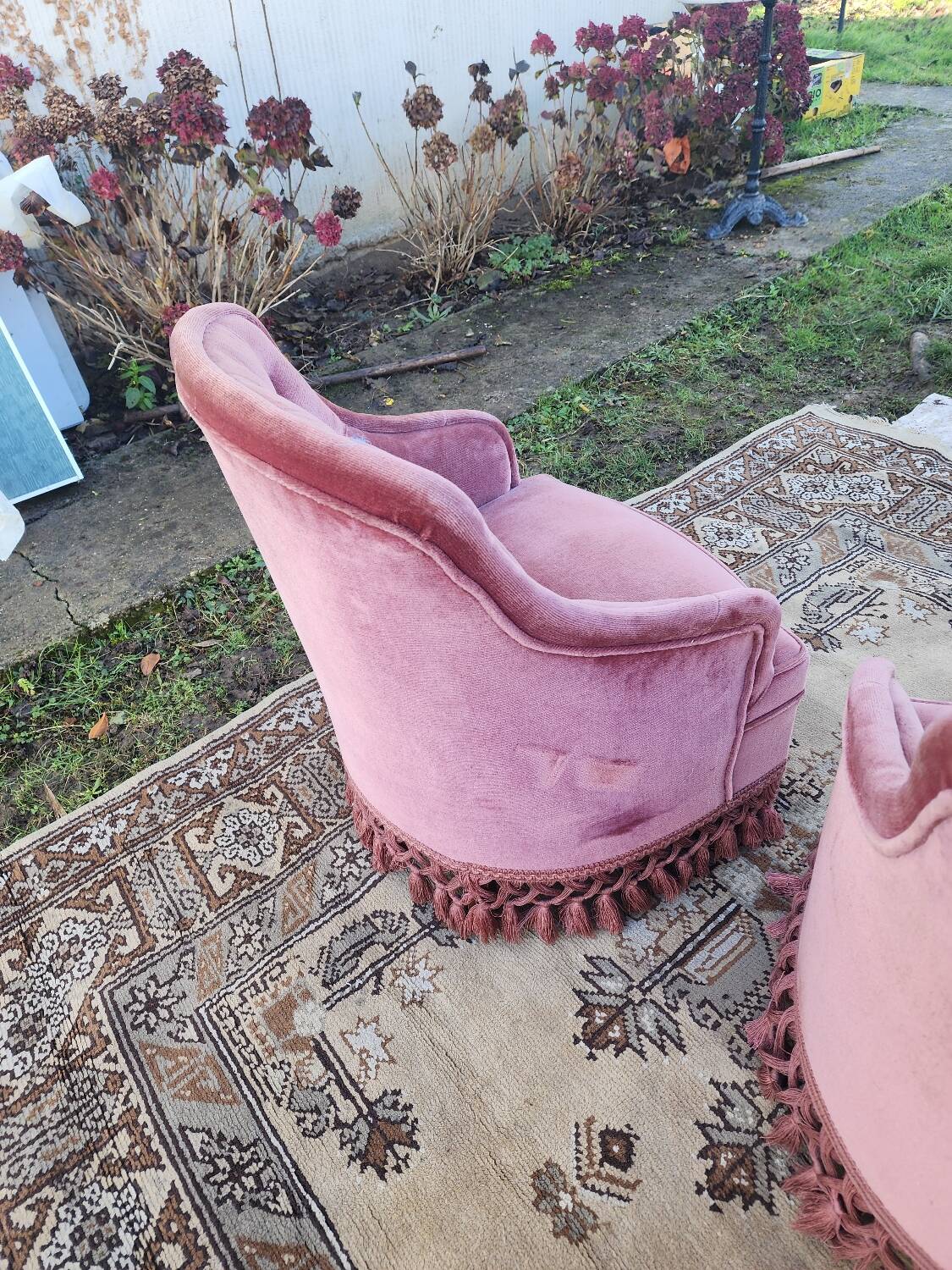 Pair of pink velvet toadstool armchairs