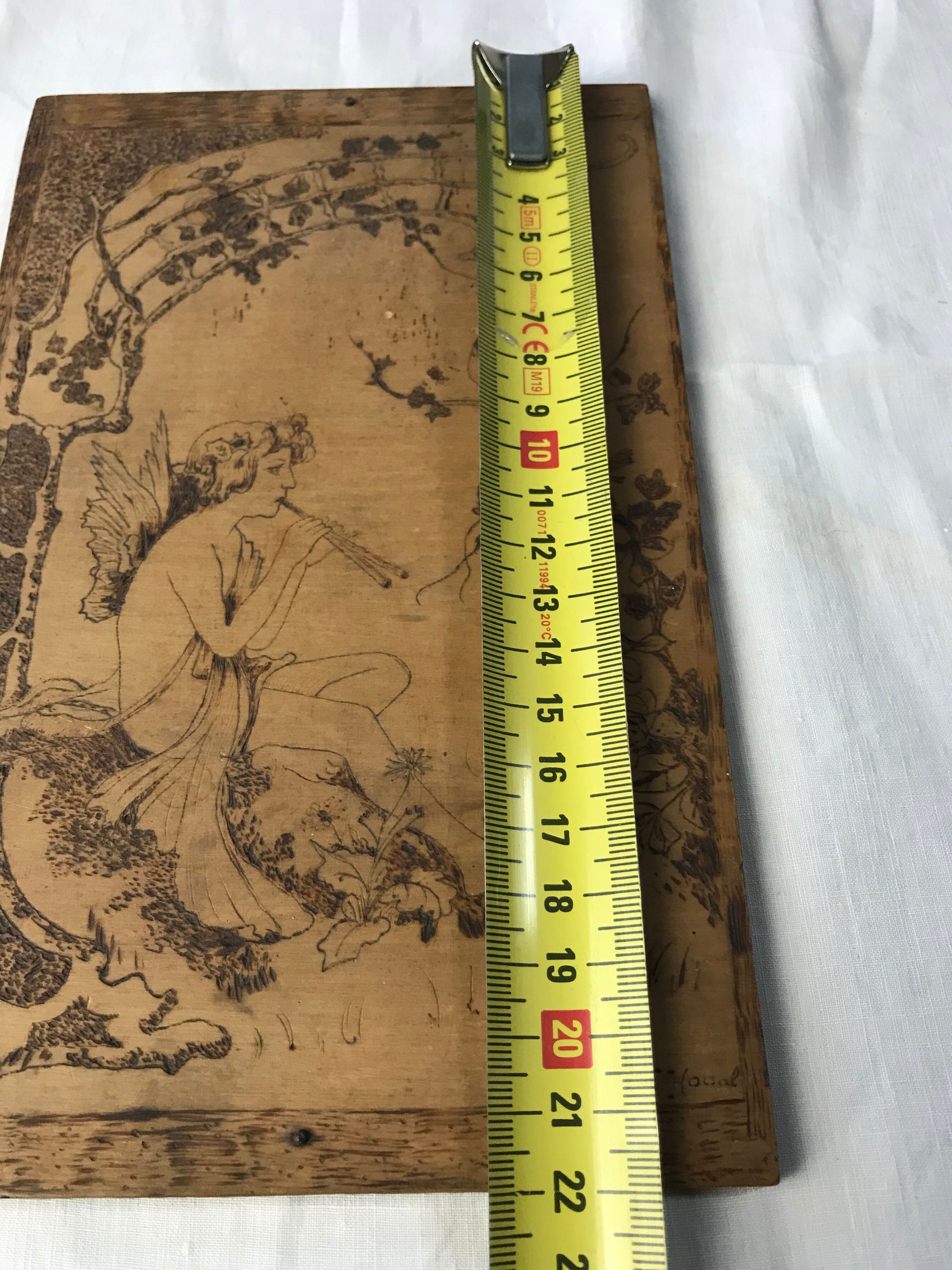 Art Nouveau panel in pyrograved wood signed Houal