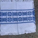 Rectangular tea tablecloth and 6 napkins, made in France, Basque linen, white and blue, Vintage