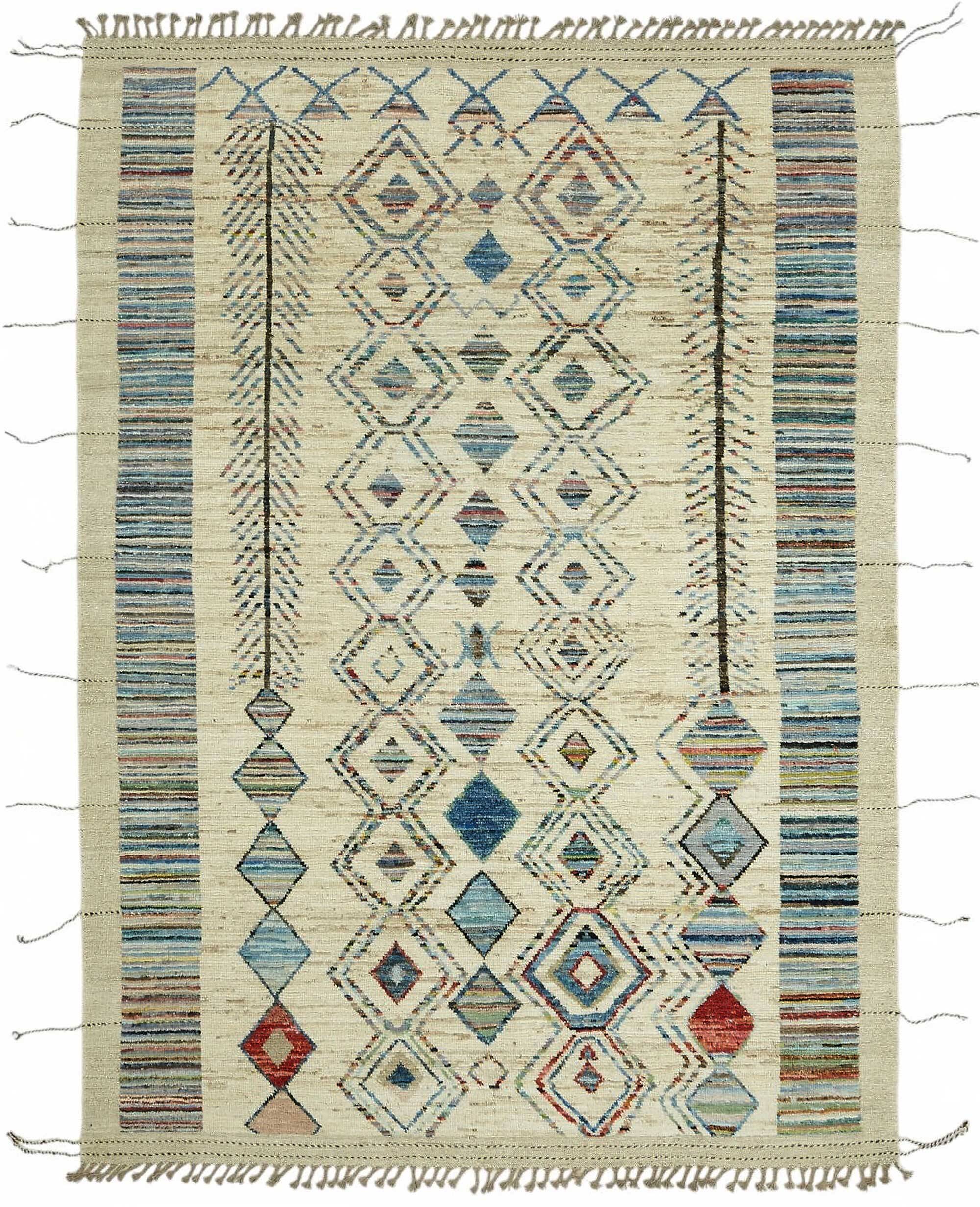 Tapis tribal unique noué à la main en laine beige 211 cm x 300 cm