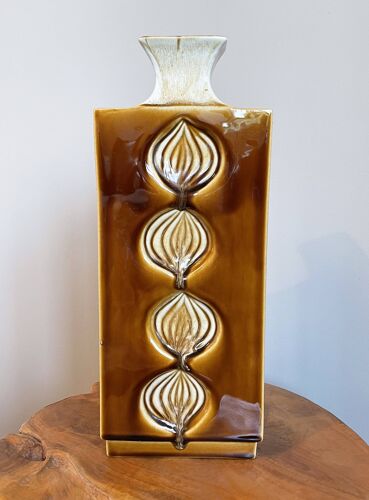 Vase d’art Ditmar Urbach avec motif d’oignon, grande poterie brune rectangulaire de Tchécoslovaquie