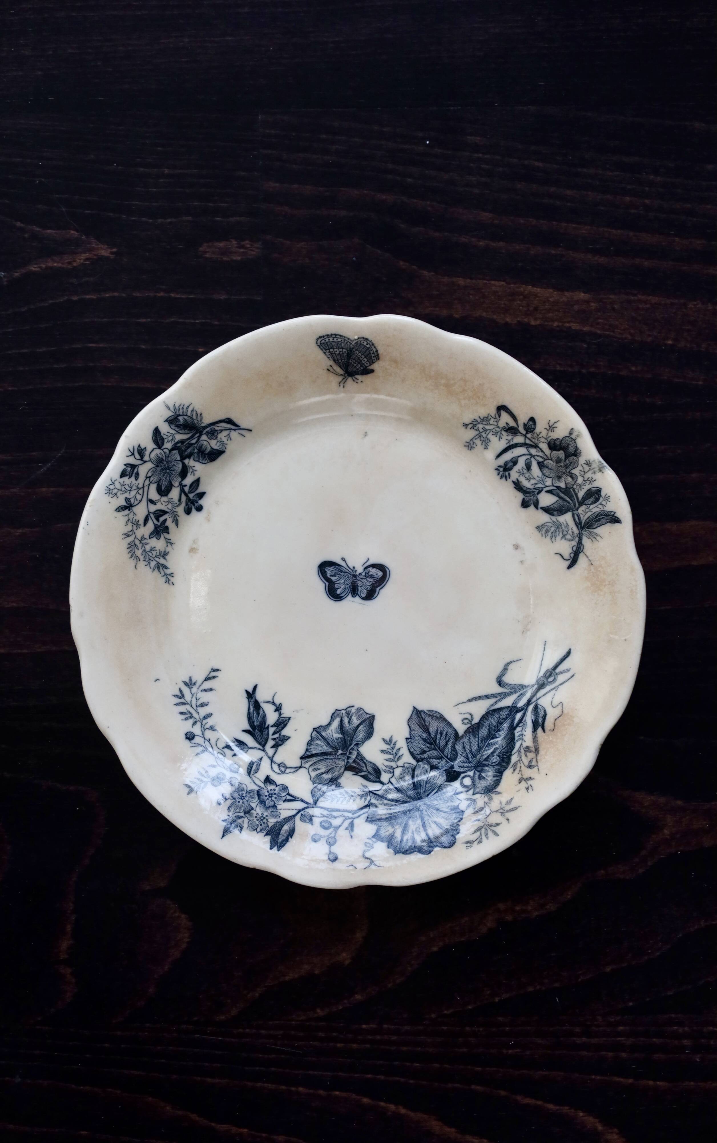 Antique flat plates made of ironstone from Onnaing, Nord - Floral and butterfly pattern.