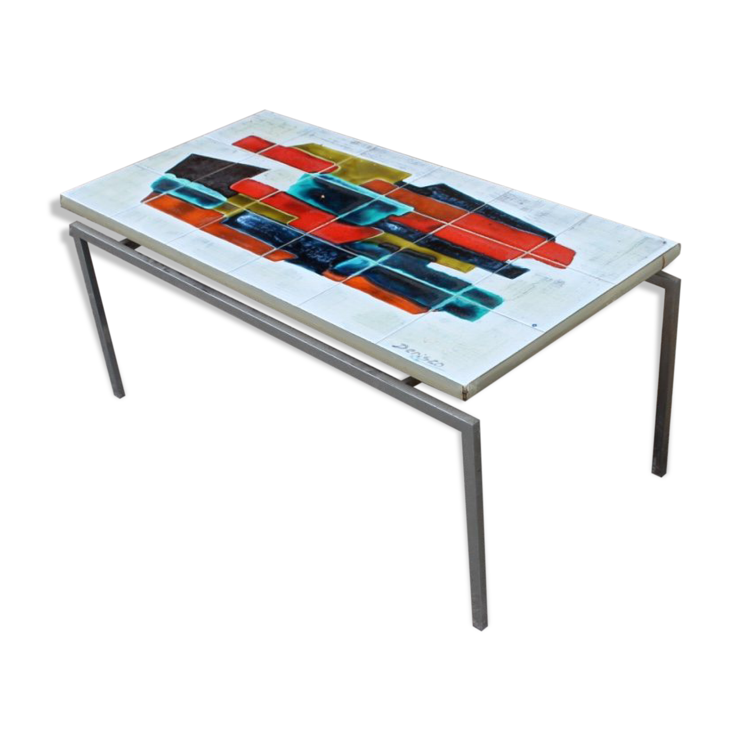 Vintage chrome coffee table and ceramic abstract drawing by Denisco, Belgium, 1970s