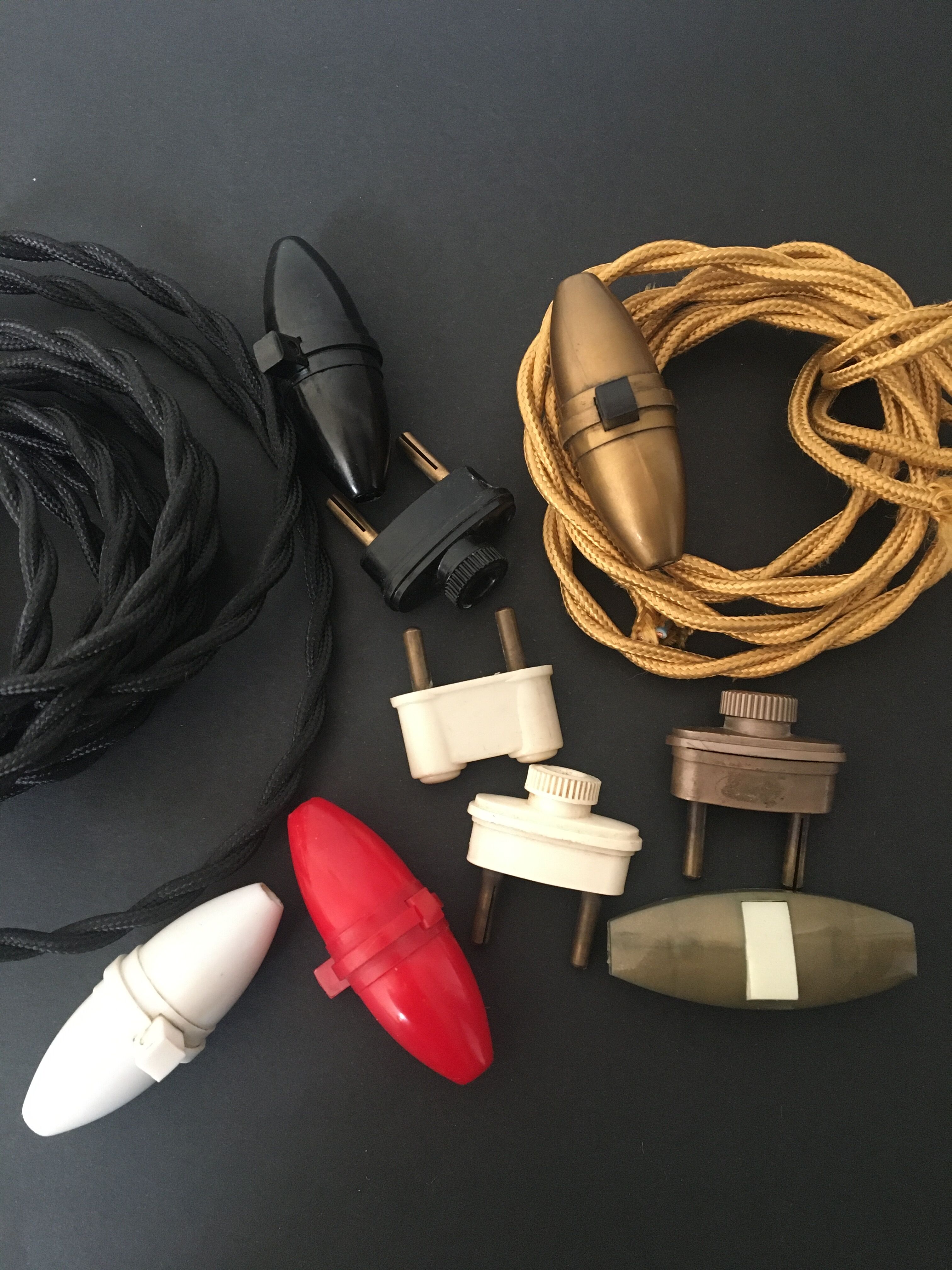 Terracotta lamp, string blinds, cable and vintage switch