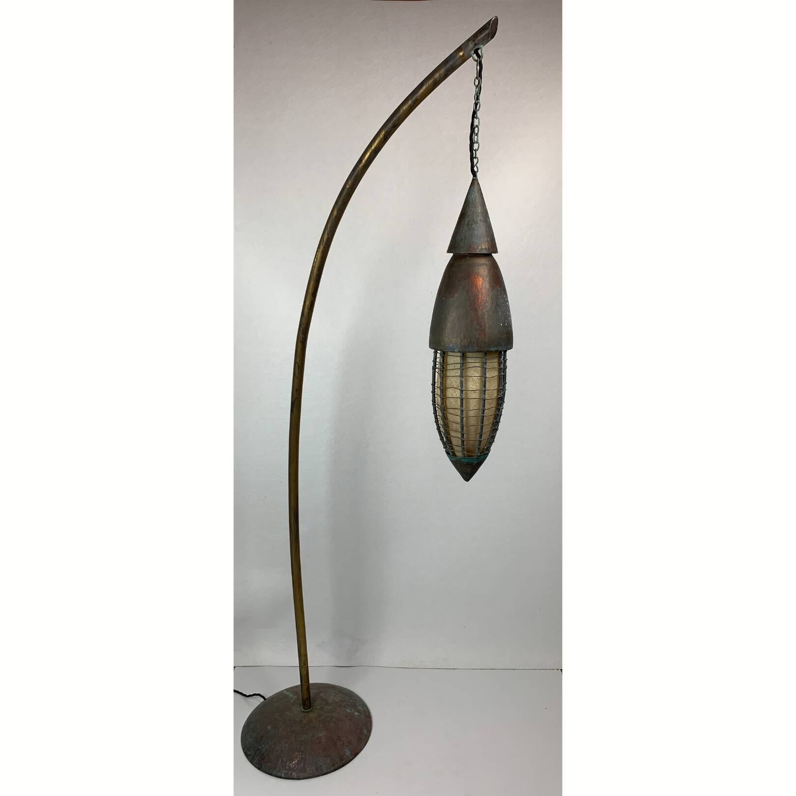 Patinated rustic copper and steel floor lamp with lantern, Indonesia 1980s