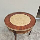 Louis XVI style mahogany bouillotte table in marquetry and bronze