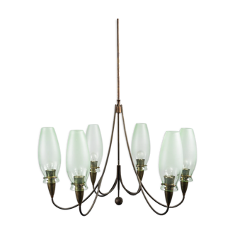 Lustre en laiton vintage des années 1950 antique moderne à 6 lumières