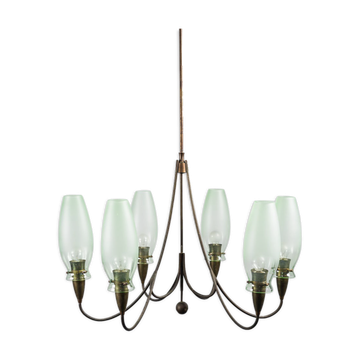 Lustre en laiton vintage des années 1950 antique moderne à 6 lumières
