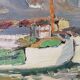 Mid-century modern "the dock" swedish seascape oil painting, framed