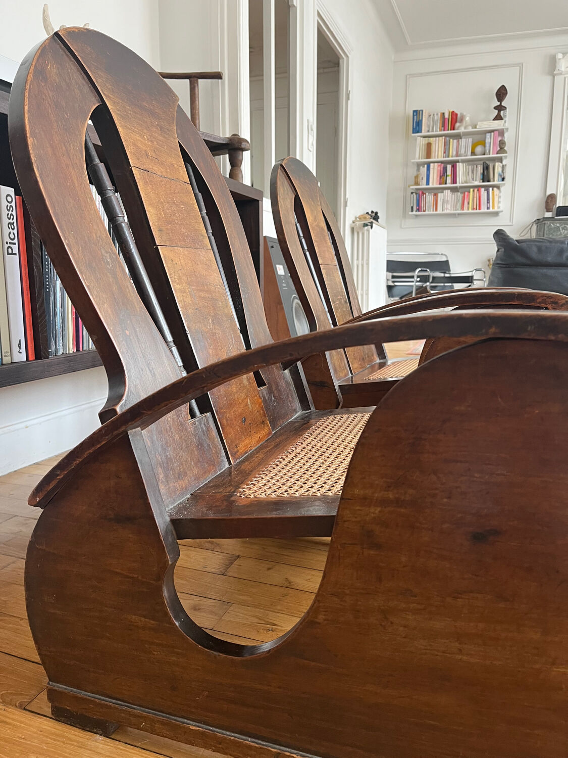 Pair of Art Deco armchairs in wood and cane.