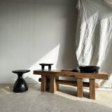 Solid wood bench with openwork base crossed by a cylinder - Mango wood