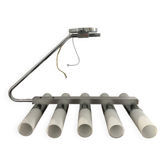 Chrome metal, stainless steel and white glass pendant light - 60s 70s design