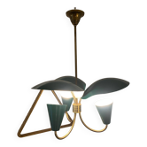 Lustre 3 feux vintage en laiton doré et métal des années 50