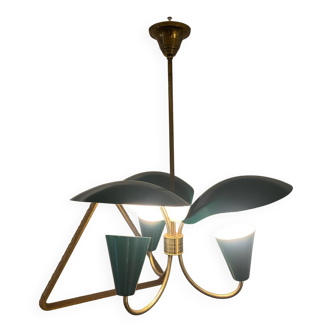 Vintage 3-light chandelier in gilded brass and metal from the 50s
