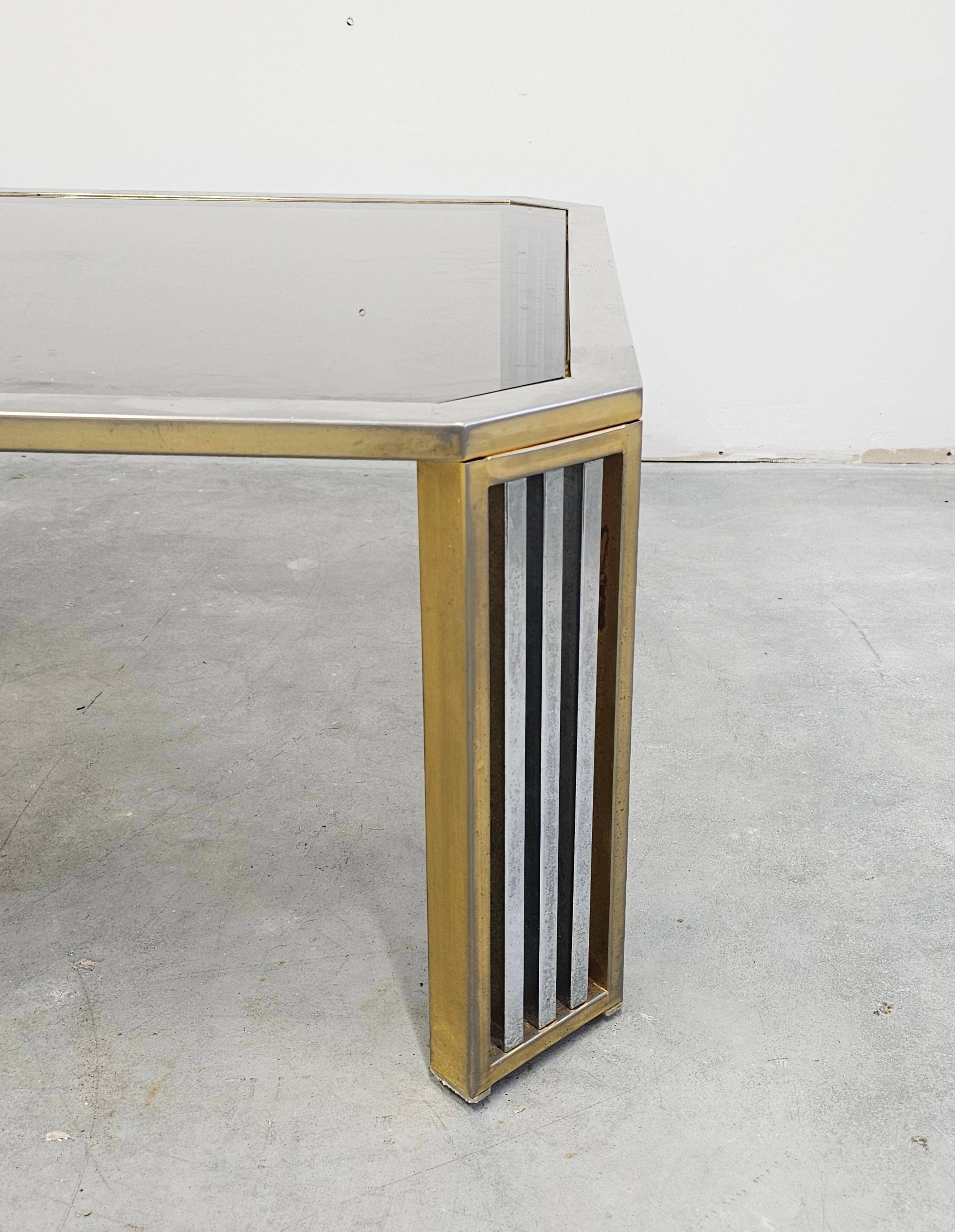 Large modernist coffee table attributed to Romeo Rega in steel and brass plating.