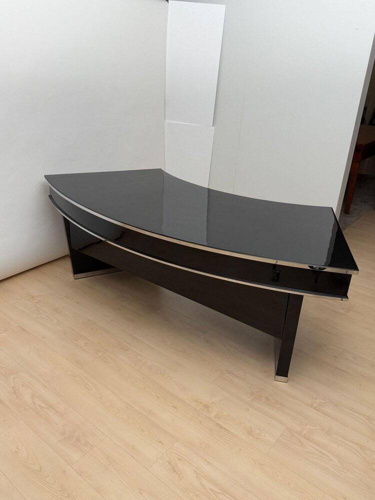 Art Deco desk in black lacquer, walnut & metal, France, 1950