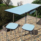 Blue formica table and two stools