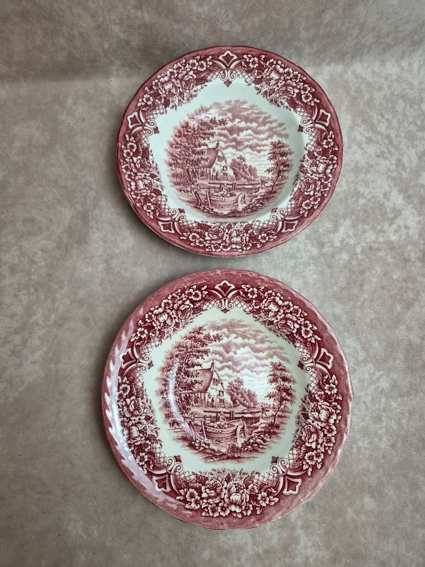 2 vintage deep plates in red Toile de Jouy by Grindley Homeland Staffordshire England.