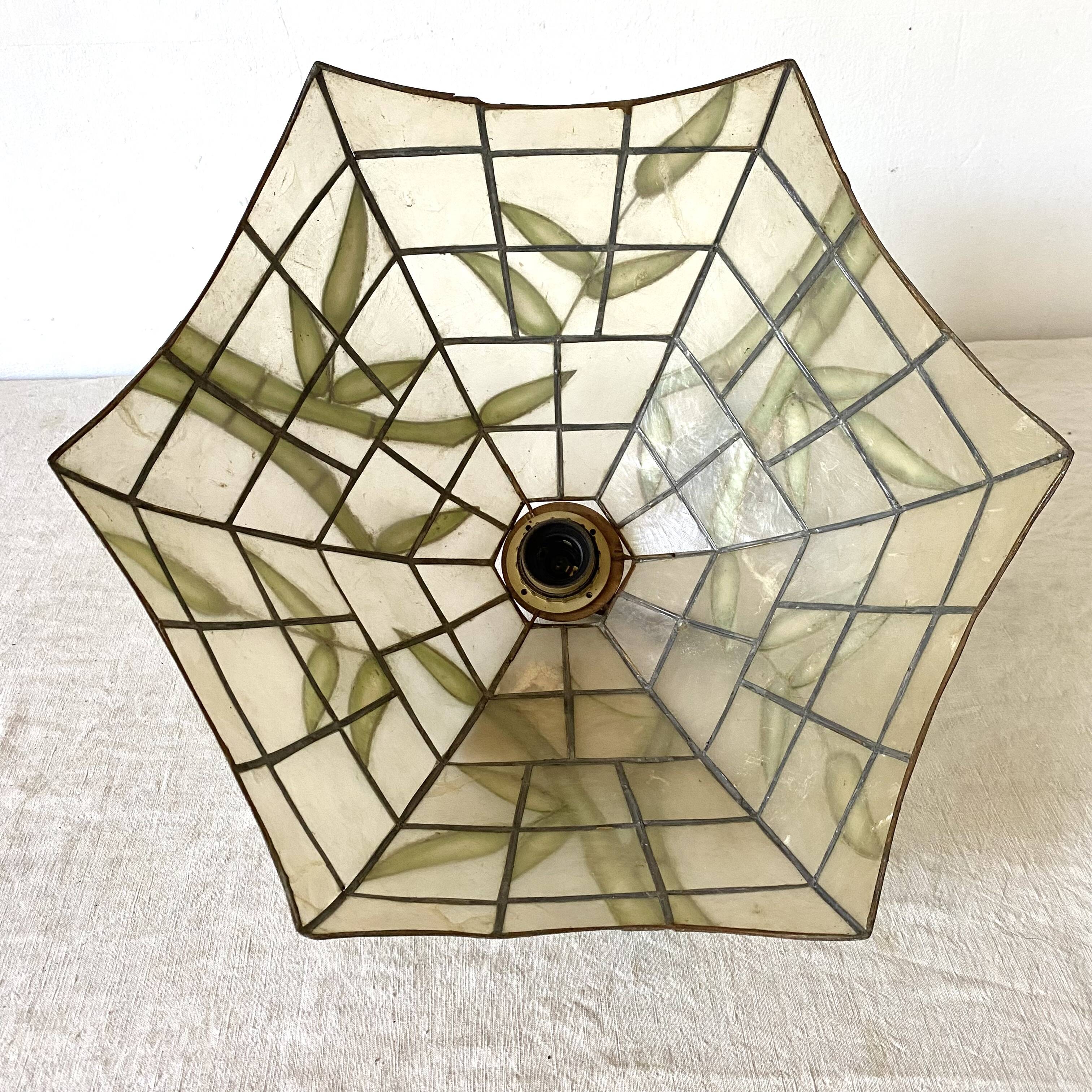 Pendant lamp in mother-of-pearl and brass with bamboo decor